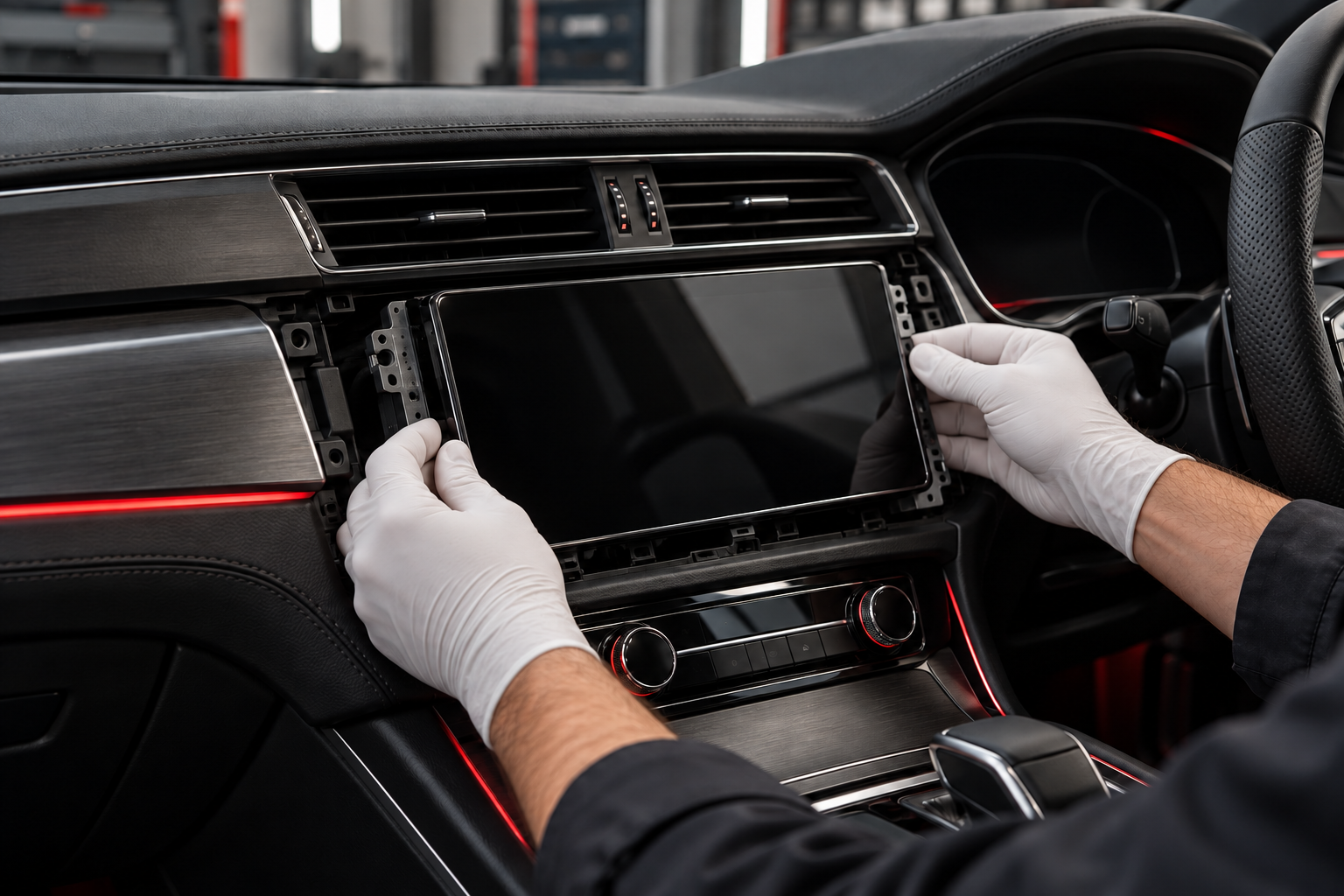 Illustration of a technician wearing white nitrile gloves fitting an infotainment screen into a car dashboard
