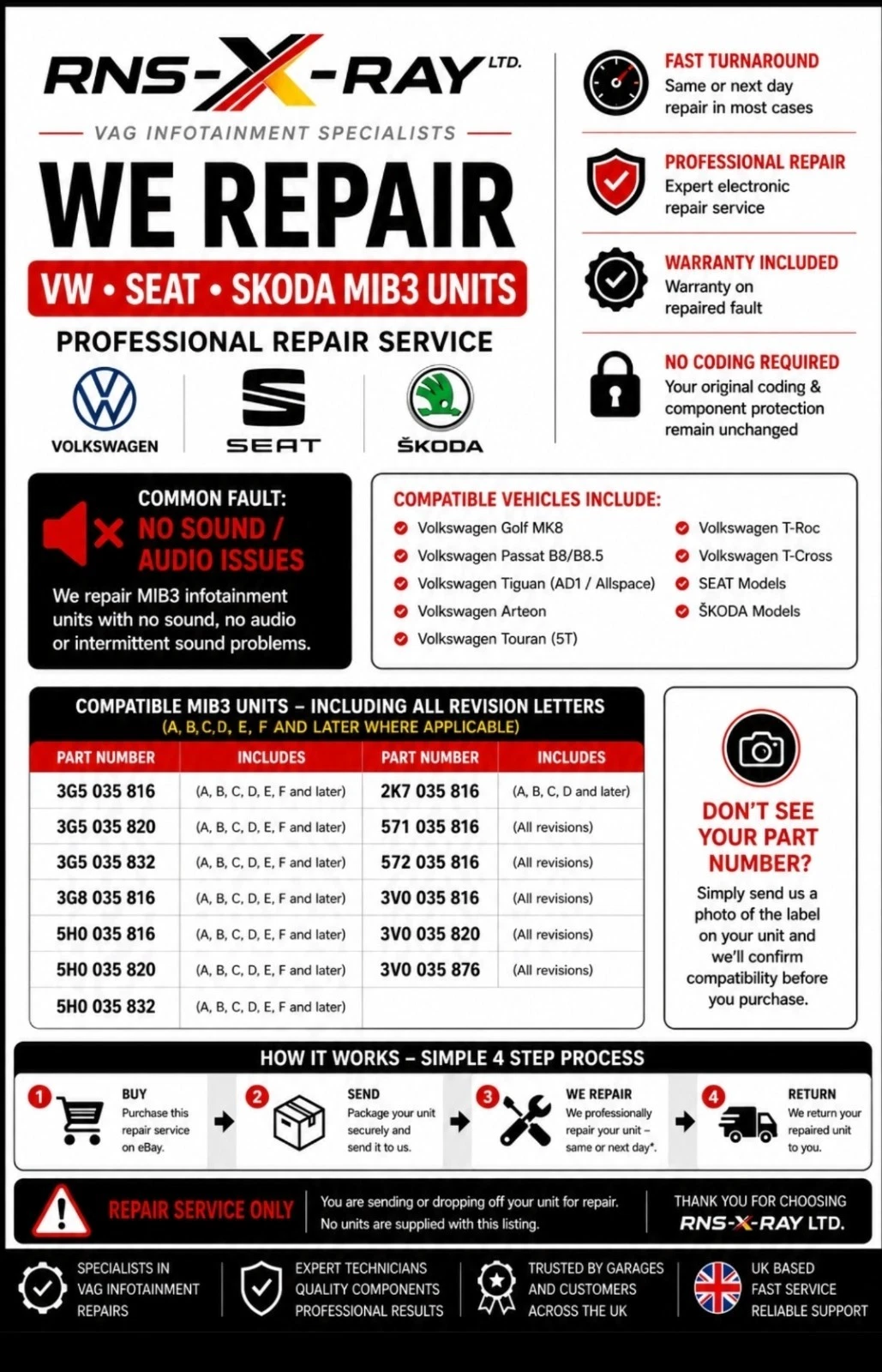 VW SEAT SKODA MIB3 NO SOUND REPAIR 3G5 035 820 3G8 035 816 5H0 035 820