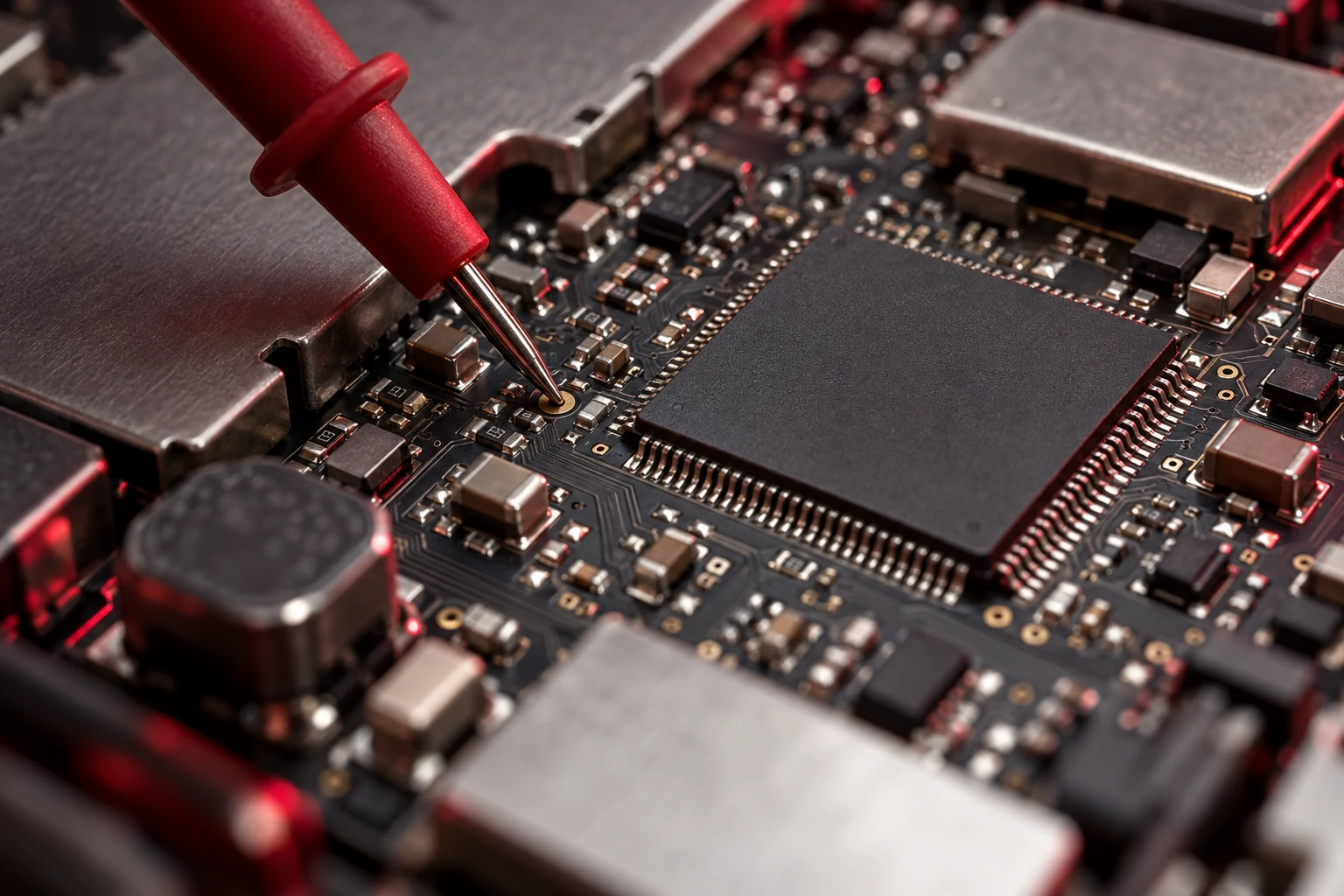 Illustration of a diagnostic probe testing an electronic circuit board
