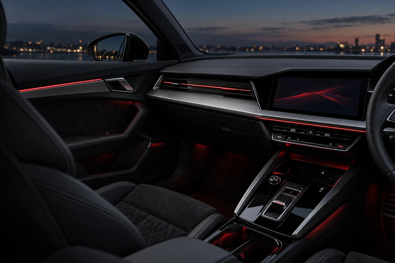 Illustration of a dark sports car interior with subtle red ambient lighting and integrated infotainment